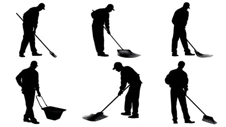 Barber Sweeping Hair on Floor Silhouette Set of Six isolated on plain white background.