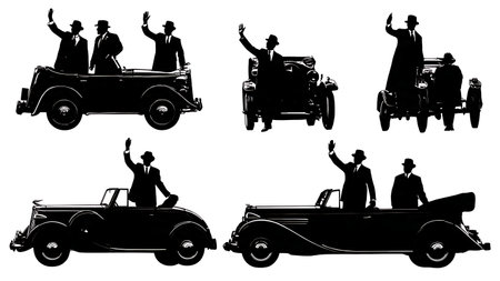 Politician in Parade Motorcade Silhouette Set of Six isolated on plain white background.のイラスト素材