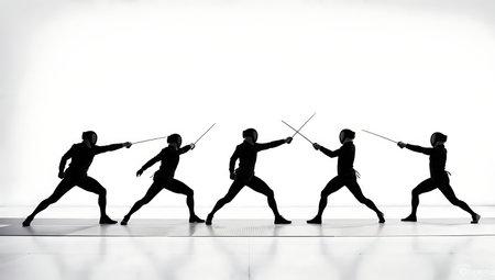 Sabre Parry Riposte Sequence Silhouette Set of Six isolated on plain white background.