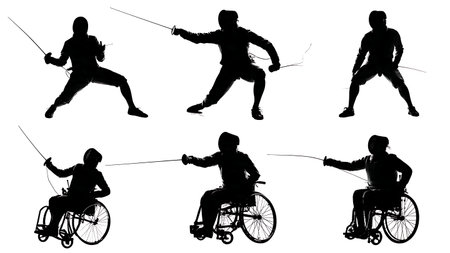 Wheelchair Fencing Action Silhouette Set of Six isolated on plain white background.のイラスト素材