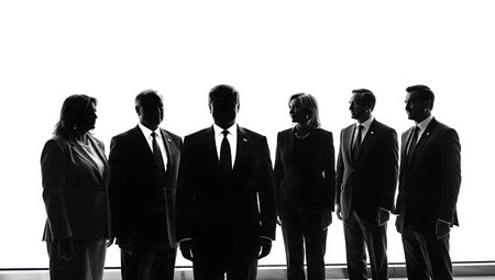 World Leader Summit Group Photo Silhouette Set of Six isolated on plain white background.