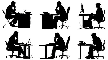 Diverse Politician at Office Desk Silhouette Set of Six isolated on plain white background.のイラスト素材