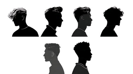 Teenager Getting a Trendy Haircut Silhouette Set of Six isolated on plain white background.