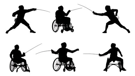 Wheelchair Fencing Action Silhouette Set of Six isolated on plain white background.のイラスト素材