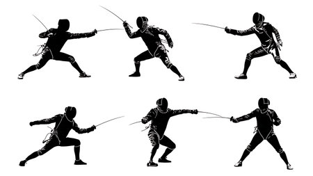 Showcase of Six Sabre Fencing Slashing Attack Silhouettes isolated on plain white background.