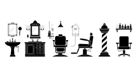 Barbershop Environment and Furniture Silhouette Set of Six on White Background isolated on plain white background.のイラスト素材
