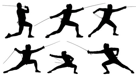 Fencer Warming Up and Stretching Silhouette Set of Six isolated on plain white background.