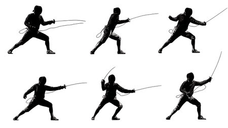 Fencing Practice Drills with Target Silhouette Set of Six isolated on plain white background.