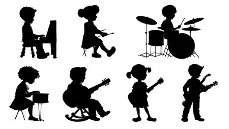 Children Playing Musical Instruments Silhouette Set of Six isolated on plain white background.のイラスト素材