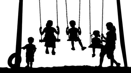 Children on a Swing Set Silhouette Collection of Six isolated on plain white background.のイラスト素材