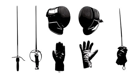 Six Fencing Equipment Essential Silhouettes on White Background isolated on plain white background.