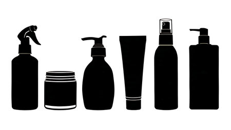 Hair Care and Styling Product Container Silhouettes, Set of Six isolated on plain white background.のイラスト素材