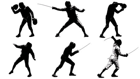 Fencer Throwing Mask in Frustration Silhouette Set of Six isolated on plain white background.