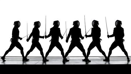 Fencer in Deep Focus Before Bout Silhouette Set of Six isolated on plain white background.