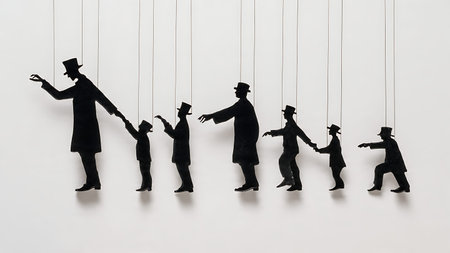 Politician as Puppeteer Metaphor Silhouette Set of Six isolated on plain white background.