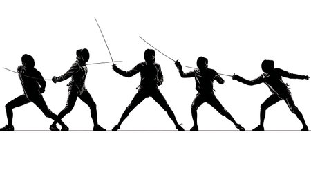 Foil Fencing Action Sequence Silhouette Set of Six isolated on plain white background.