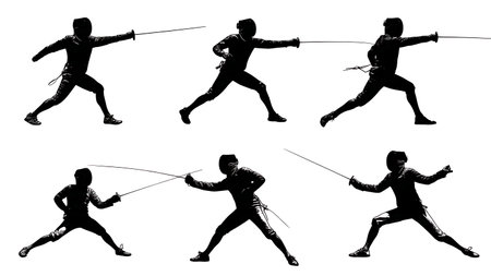 Diverse Fencing Drills Against a Target Dummy Silhouettes isolated on plain white background.