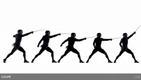 Fencing CoupÃƒÂ© (Cut-Over) Attack Silhouette Set of Six isolated on plain white background.