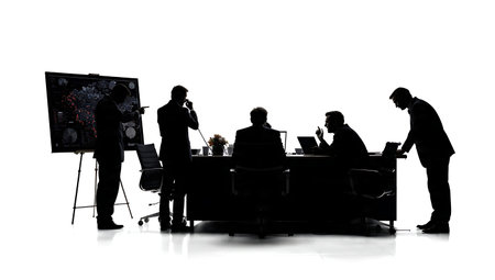 Political Campaign War Room Strategy Silhouette Set of Six isolated on plain white background.