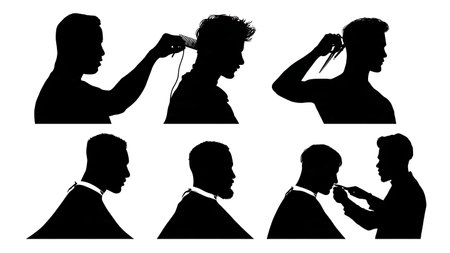 Side Profile View of Barber Action Silhouettes, Set of Six isolated on plain white background.のイラスト素材