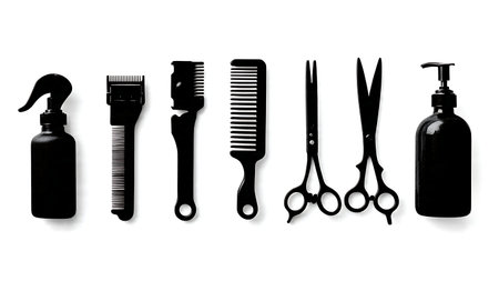 Top-Down View of Barber Workstation Layout Silhouettes, Set of Six isolated on plain white background.のイラスト素材