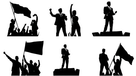 Political Rally Scene with Supporters Silhouette Set of Six isolated on plain white background.のイラスト素材