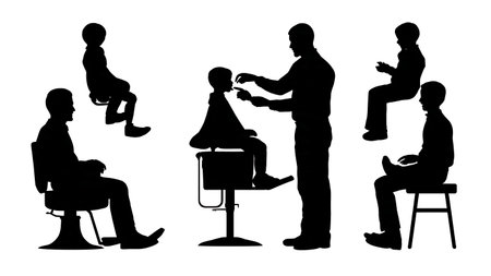 Barber and Child Client Haircut Silhouette Set of Six isolated on plain white background.のイラスト素材
