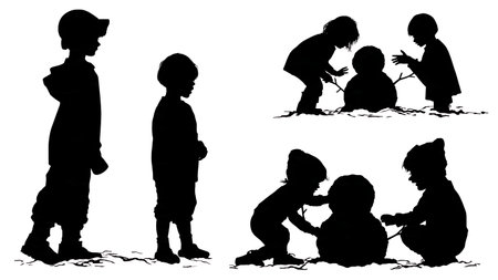 Six Children Building a Snowman Silhouettes in Winter isolated on plain white background.のイラスト素材
