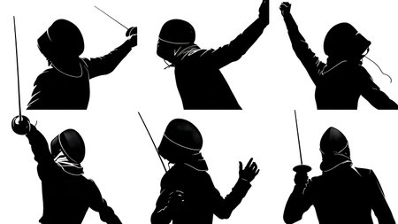 Fencer's Emotional Scream Silhouette Set of Six isolated on plain white background.