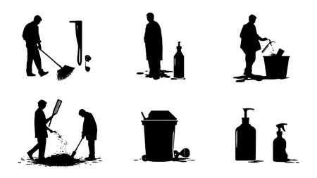Barbershop Waste and Disposal Silhouette Set of Six isolated on plain white background.のイラスト素材