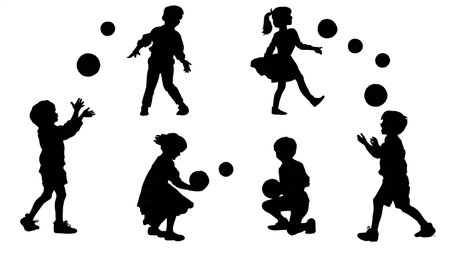 Children Playing Jacks Game Silhouette Set of Six isolated on plain white background.のイラスト素材