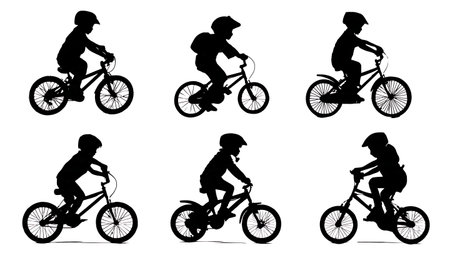Children Riding Bicycles Silhouette Collection of Six isolated on plain white background.のイラスト素材