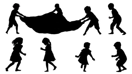Six Children Playing with a Parachute Silhouettes isolated on plain white background.のイラスト素材