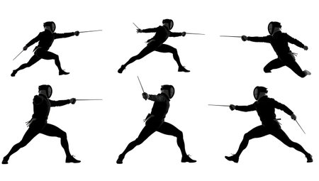 Fencing Compound Attack with Feints Silhouette Set of Six isolated on plain white background.