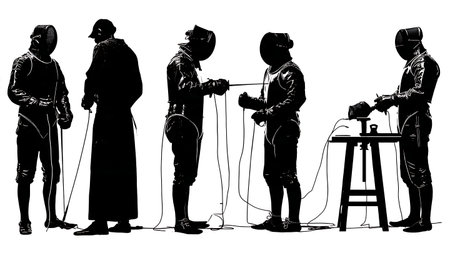 Fencing Armourer at Workbench Silhouette Set of Six isolated on plain white background.