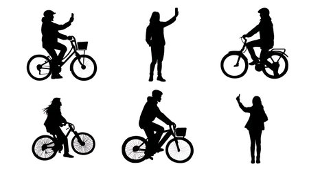 Bicycle Rider Taking a Selfie Silhouettes isolated on plain white background.のイラスト素材