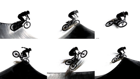BMX Alley-Oop Half-Pipe Maneuver Silhouettes isolated on plain white background.のイラスト素材
