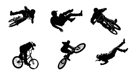 Dynamic BMX Rider Crash and Bail Silhouettes isolated on plain white background.のイラスト素材
