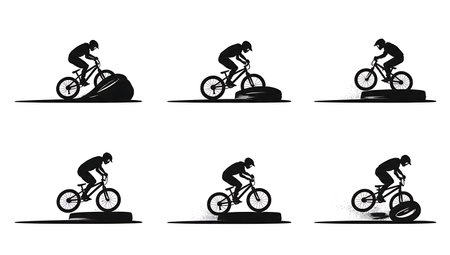 BMX Flatland Tire Slide and Skid Silhouettes isolated on plain white background.のイラスト素材