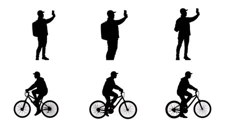 Bicycle Rider Taking a Selfie Silhouettes isolated on plain white background.のイラスト素材