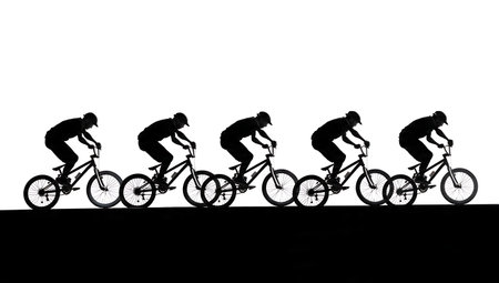 BMX Smith Grind Rail Trick Silhouettes isolated on plain white background.のイラスト素材