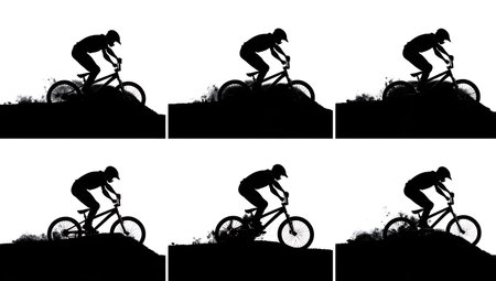 BMX Toboggan Mid-Air Stunt Silhouettes isolated on plain white background.