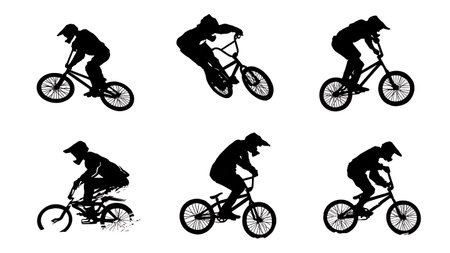 BMX Racer Pumping Through Rhythm Section Silhouettes isolated on plain white background.のイラスト素材