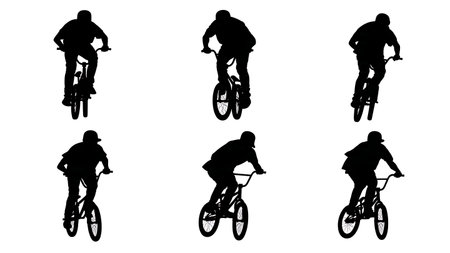 BMX Rider from Behind Silhouettes Set isolated on plain white background.のイラスト素材