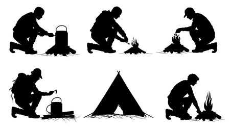 Survival Fire Starting with Flint and Steel Silhouettes Set isolated on plain white background.のイラスト素材