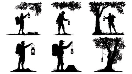Camper Hanging Lantern at Dusk Silhouettes Set of Six isolated on plain white background.のイラスト素材