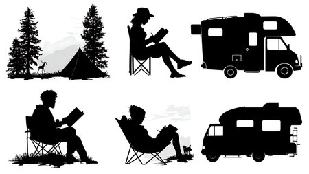 Camper Journaling and Sketching in Nature Silhouettes isolated on plain white background.のイラスト素材