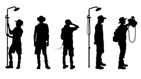 Camper Using Portable Camp Shower Silhouettes Set isolated on plain white background.のイラスト素材