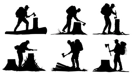 Black Solid Camper Chopping Firewood Silhouettes Pack isolated on plain white background.のイラスト素材