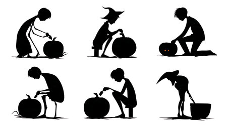 Autumn Camper Carving Pumpkin Silhouettes Set isolated on plain white background.のイラスト素材
